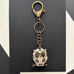 Vintage Style White Enamel Owl with Rhinestones Purse Charm Keychain Accessory